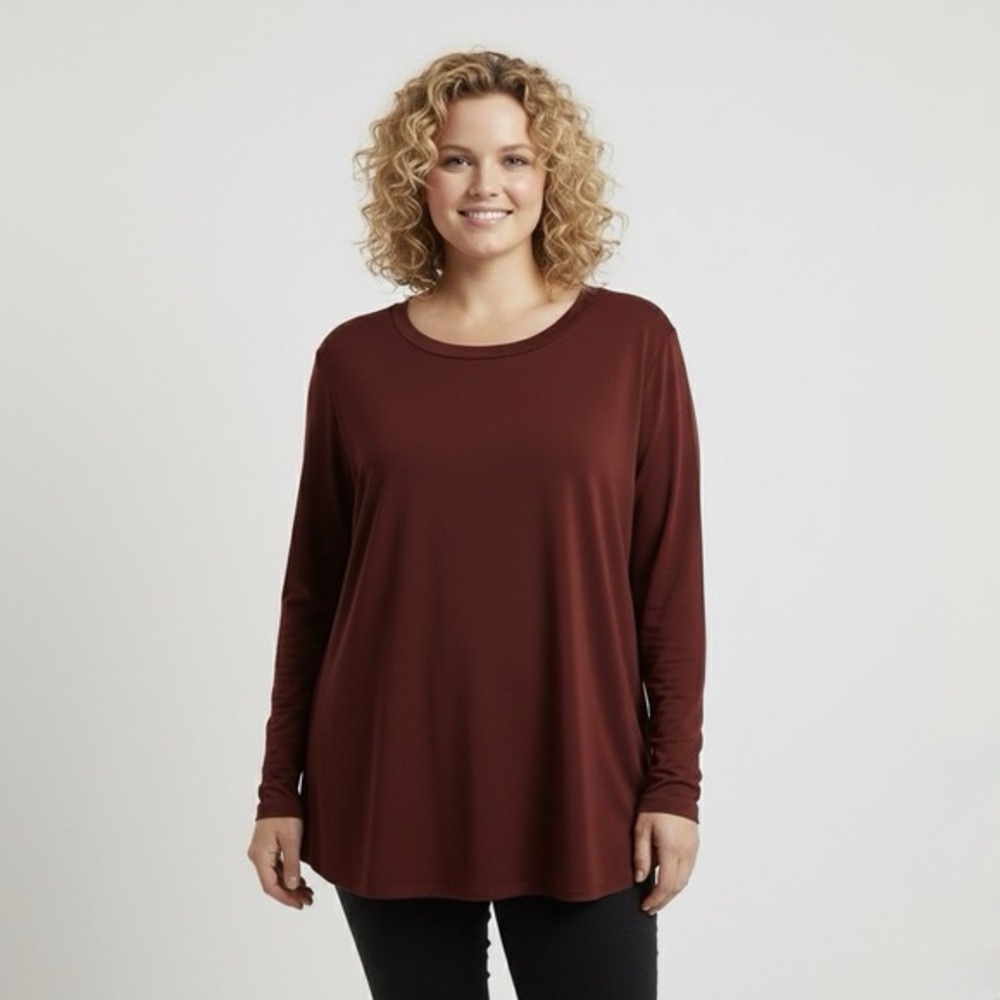 Susan Graver‎ Long Sleeve Tunic Top Crew Neck Rust Red-Brown L Minimalist Casual